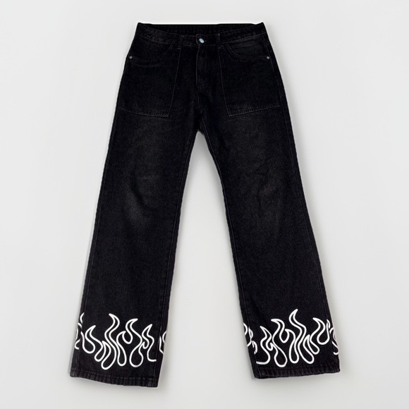 Manfinity Other - Flame Graphic Jeans Mens Small Black Straight Leg Streetwear Skate Y2K Festival